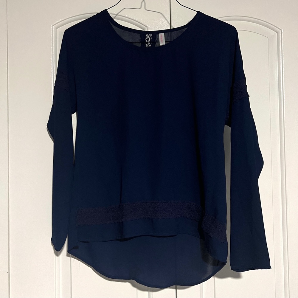 Xhilaration Navy Lace Detail Long Sleeve Blouse